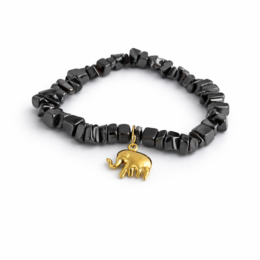 Pulseira de Hematita com Elefante Dourado / Proteção e Equilíbrio
