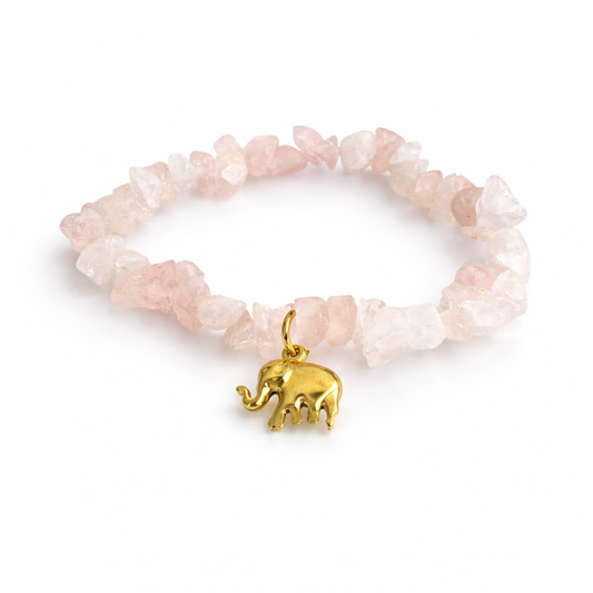 Pulseira de Quartzo Rosa com Elefante Dourado /Amor & Energia Positiva