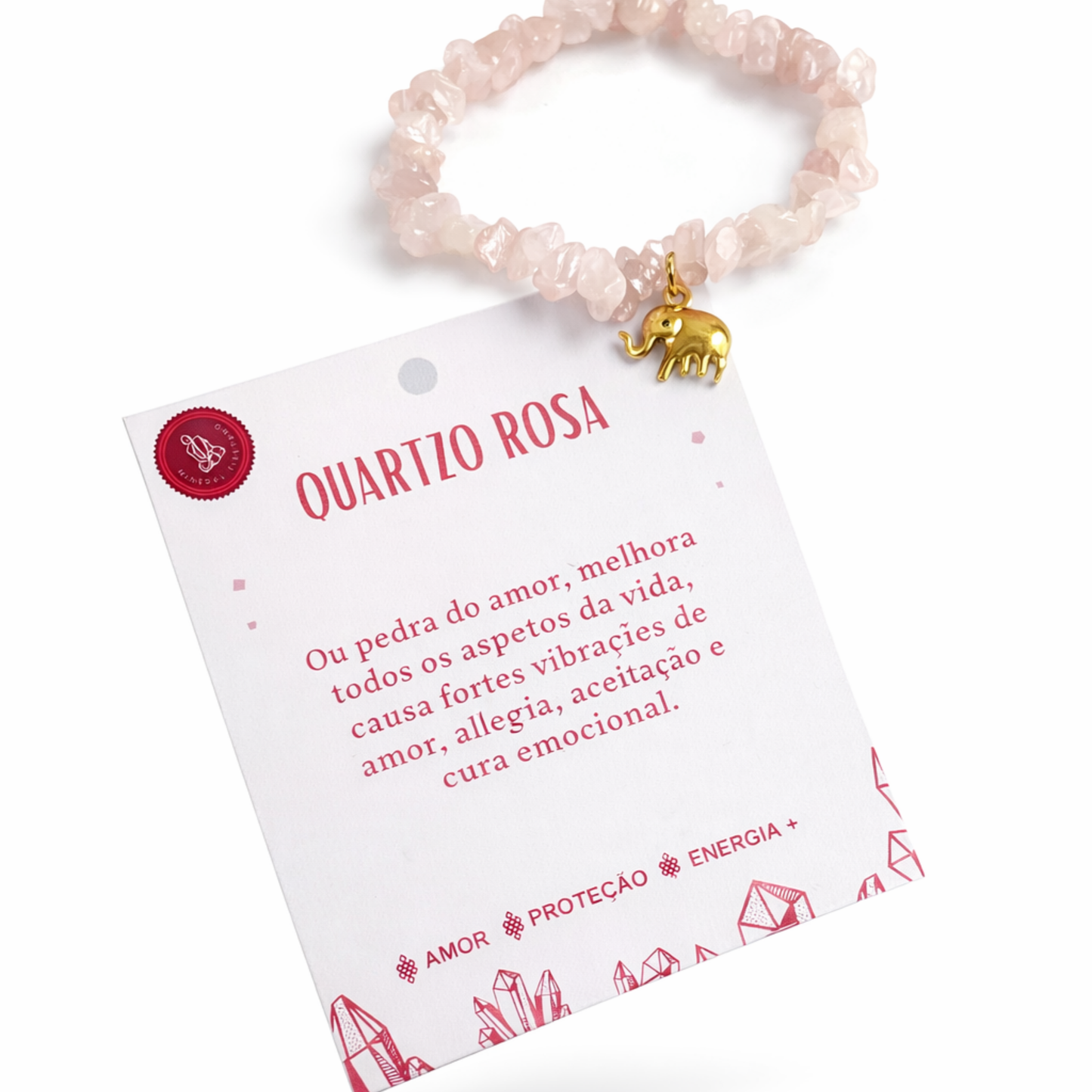 Pulseira de Quartzo Rosa com Elefante Dourado /Amor & Energia Positiva