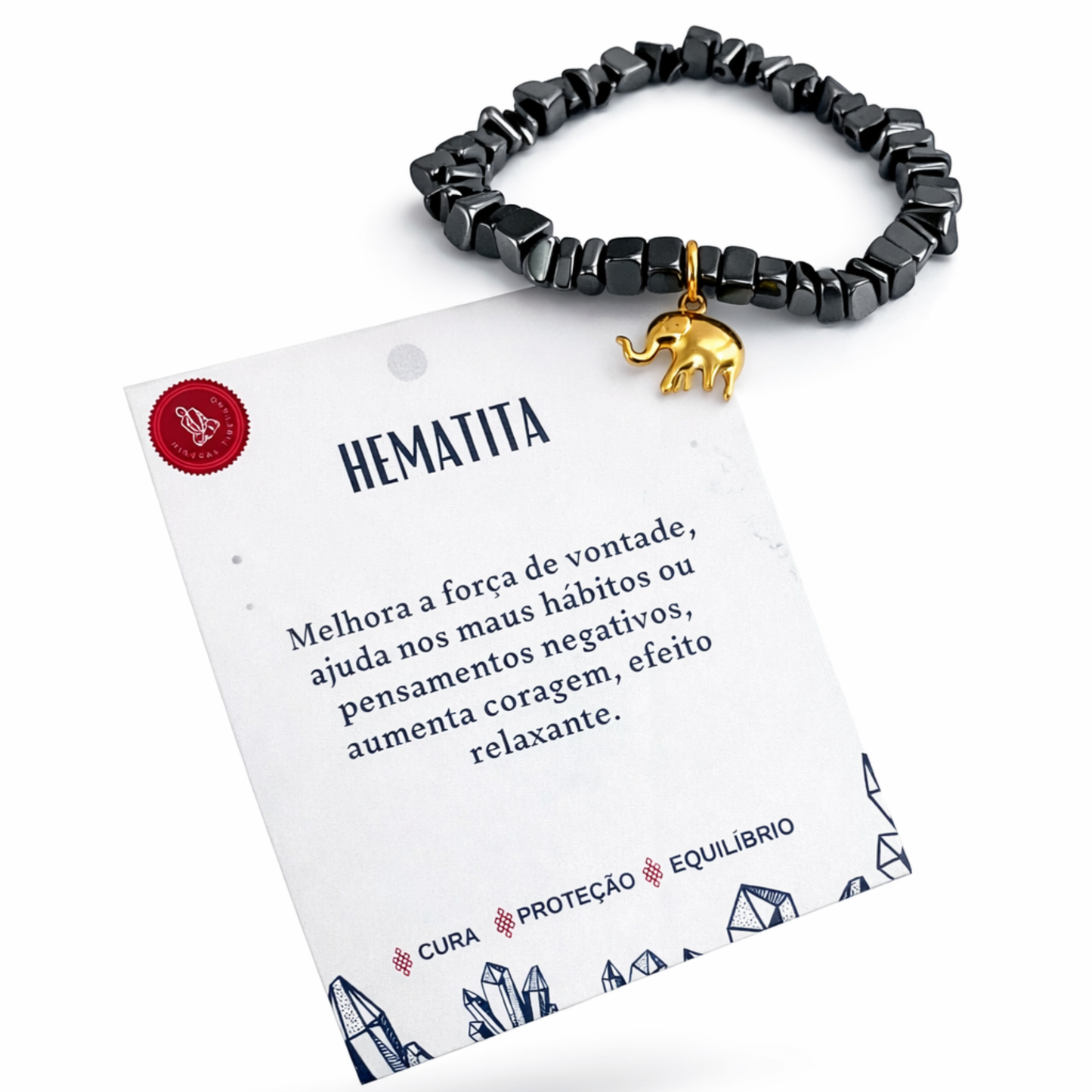Pulseira de Hematita com Elefante Dourado / Proteção e Equilíbrio
