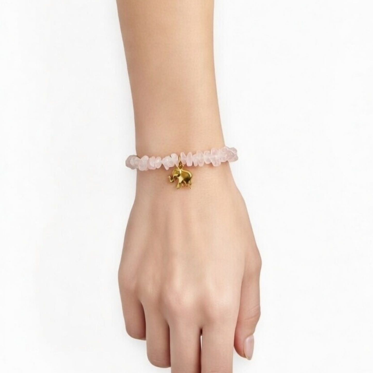 Pulseira de Quartzo Rosa com Elefante Dourado /Amor & Energia Positiva