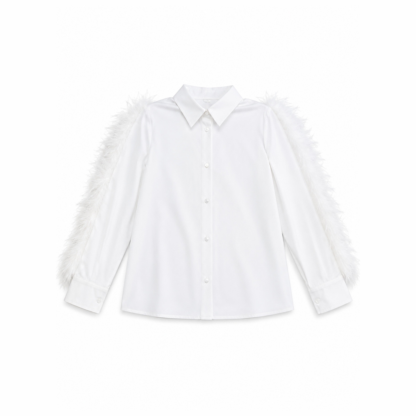 Camisa Branca com Penas e Botões Pérola