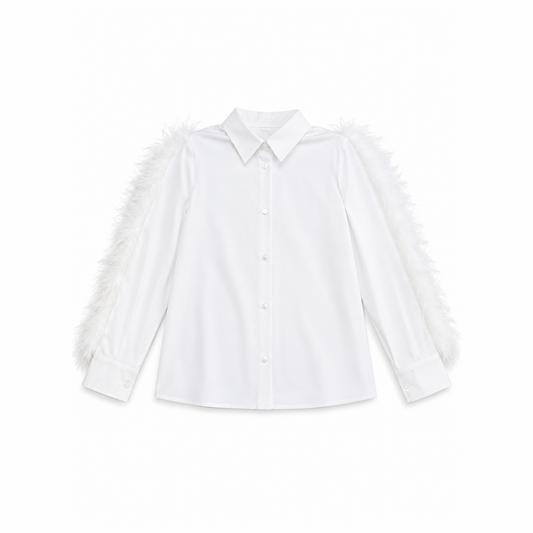 Camisa Branca com Penas e Botões Pérola