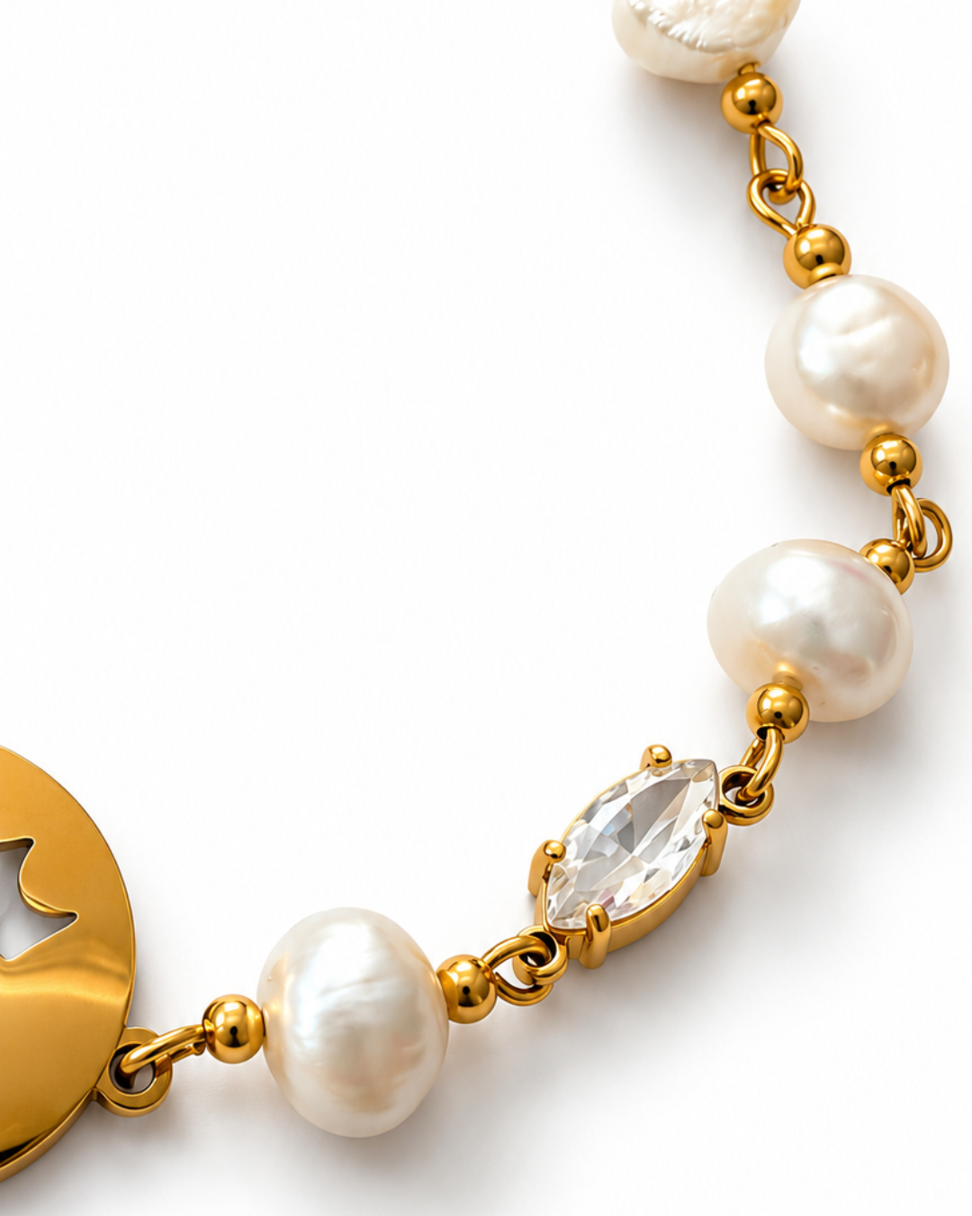 Pulseira Rainha Santa Isabel com Pérolas e Medalha Dourada