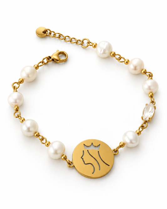 Pulseira Rainha Santa Isabel com Pérolas e Medalha Dourada